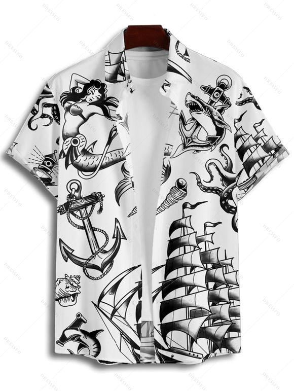 Vacation Couple Outfit Mermaid Dolphin Ship Ocean Elements Pattern Ruched Bust Belt Dress and Button Up Shirt Matching Outfit - Noir S | US 4