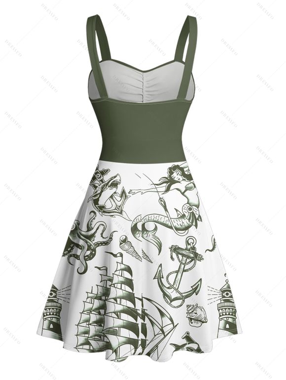 Robe de vacances à motif sirène, dauphin, navire, éléments océaniques, buste froncé, ceinture, col en cœur, ligne A, mini, décontractée - Vert L | US 8-10