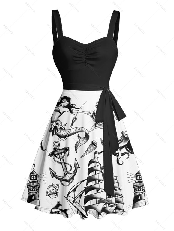 Robe de vacances à motif sirène, dauphin, navire, éléments océaniques, buste froncé, ceinture, col en cœur, ligne A, mini, décontractée - Noir XXXXXL | US 20