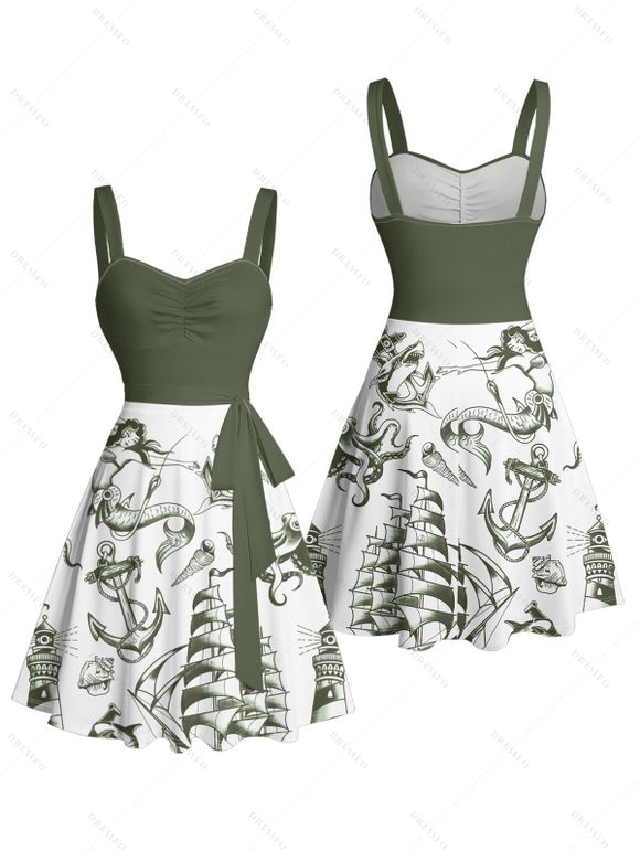 Robe de vacances à motif sirène, dauphin, navire, éléments océaniques, buste froncé, ceinture, col en cœur, ligne A, mini, décontractée - Vert L | US 8-10