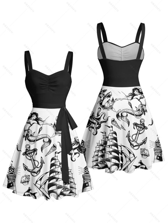 Robe de vacances à motif sirène, dauphin, navire, éléments océaniques, buste froncé, ceinture, col en cœur, ligne A, mini, décontractée - Noir XL | US 12