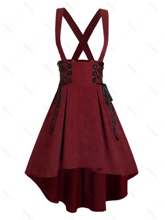 Jupe haute basse à bretelles et lacets à boutons factices - Rouge foncé S