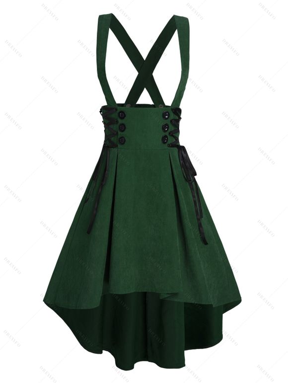 Jupe haute basse à bretelles et lacets à boutons factices - Vert profond XL