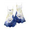 Vacation Couple Outfit Colorblock Leaf Sketch Floral Asymmetrical Print Spaghetti Strap Tank Dress and Button Up Shirt Casual Matching Outfit - Blanc S | US 4