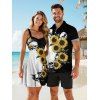 Gothic Couple Outfit Contrast Color Sunflower Skulls Pattern Ruched Bust Sweetheart Neck A Line Mini Dress and Button Up Shirt Holiday Matching Outfit - BLACK S | US 4