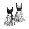 Robe de vacances à motif sirène, dauphin, navire, éléments océaniques, buste froncé, ceinture, col en cœur, ligne A, mini, décontractée - Noir XXXXXL | US 20