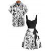 Vacation Couple Outfit Mermaid Dolphin Ship Ocean Elements Pattern Ruched Bust Belt Dress and Button Up Shirt Matching Outfit - Noir S | US 4