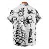 Vacation Couple Outfit Mermaid Dolphin Ship Ocean Elements Pattern Ruched Bust Belt Dress and Button Up Shirt Matching Outfit - Noir S | US 4