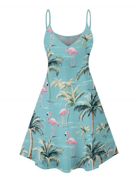 Robe de vacances à motif flamant rose et cocotier, bretelles spaghetti, col en V, coupe trapèze, mini-robe de plage