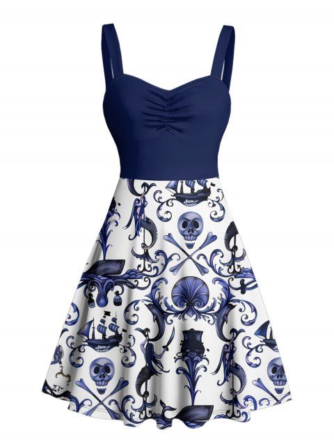 Robe gothique à col en cœur et mini robe de vacances à motif de crânes et de vie marine