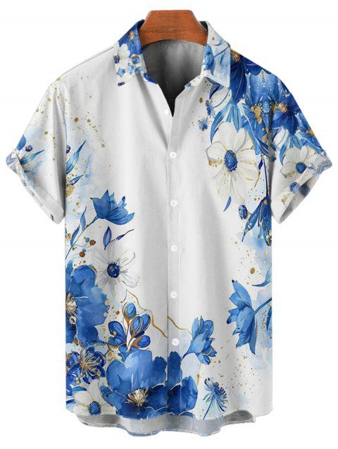 Chemise de vacances à motif floral et pois pour homme, boutonnée, retroussée, manches courtes, décontractée