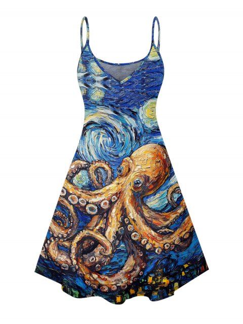 Robe de vacances à motif de peinture à l'huile tourbillonnante de Van Gogh avec bretelles spaghetti et col en V