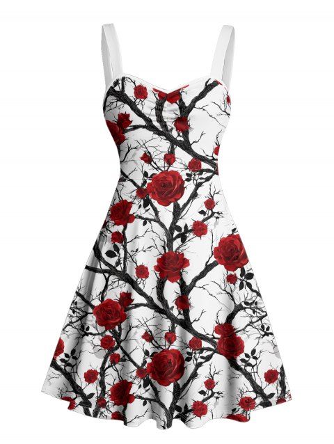 Robe gothique à motif de branches de rosier sur toute la surface, buste froncé, col en cœur, mini robe de vacances trapèze