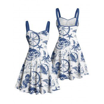 Marine Life Octopus Starfish Anchor Pattern Ruched Bust Vacation Dress Sweetheart Neck A Line Mini Beach Dress