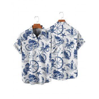 Vacation Couple Outfit Marine Life Octopus Starfish Anchor Pattern Ruched Bust Dress and Button Up Shirt Beach Matching Outfit