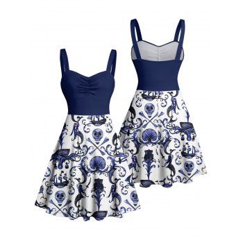 Colorblock Skulls Marine Life Pattern Ruched Bust Gothic Dress Sweetheart Neck A Line Mini Vacation Dress