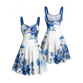 Floral Leaf Dots Pattern Ruched Bust Belt Vacation Dress Sweetheart Neck A Line Mini Casual Dress