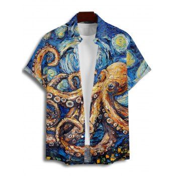 Men's Octopus Van Gogh Swirl Oil Painting Pattern Vacation Shirt Button Up Roll Up Short Sleeve Beach Shirt