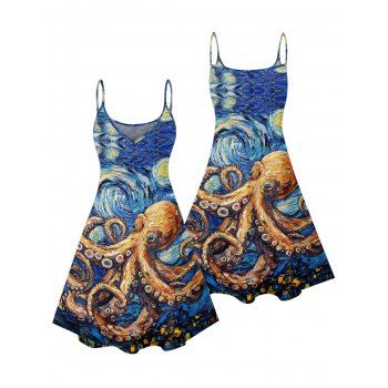 Octopus Van Gogh Swirl Oil Painting Pattern Vacation Dress Spaghetti Strap V Neck A Line Mini Beach Tank Dress
