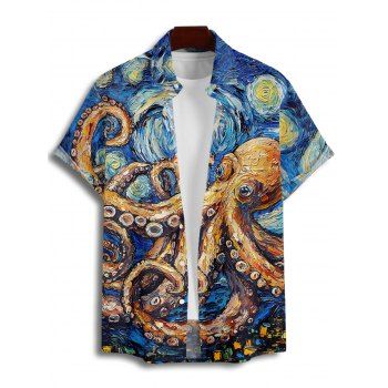 Vacation Couple Outfit Octopus Van Gogh Swirl Oil Painting Pattern Spaghetti Strap Tank Dress and Button Up Shirt Beach Matching Outfit