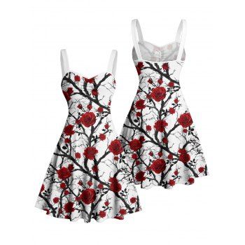 Allover Rose Tree Branches Pattern Ruched Bust Gothic Dress Sweetheart Neck A Line Mini Vacation Dress