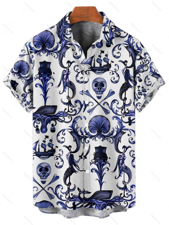 Chemise gothique à manches courtes et boutons pour homme, motif crânes et vie marine, idéale pour les vacances - Bleu profond 5XL