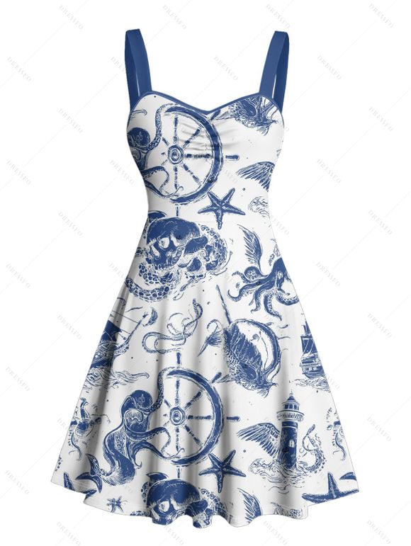 Robe de plage courte à col en cœur et motif ancre et étoile de mer, motif pieuvre et ruché sur le buste - Blanc XXXXXL | US 20