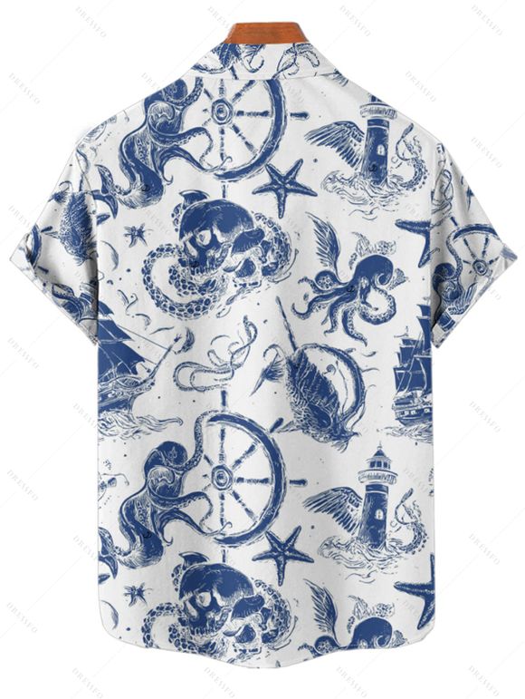 Chemise de vacances à manches courtes et boutons pour homme, motif ancre, étoile de mer, poulpe, vie marine - Blanc 2XL
