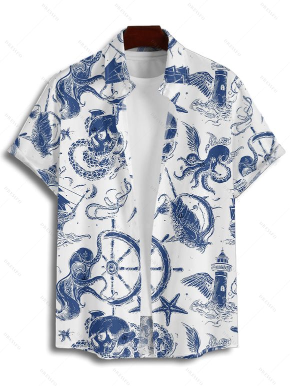 Chemise de vacances à manches courtes et boutons pour homme, motif ancre, étoile de mer, poulpe, vie marine - Blanc 2XL