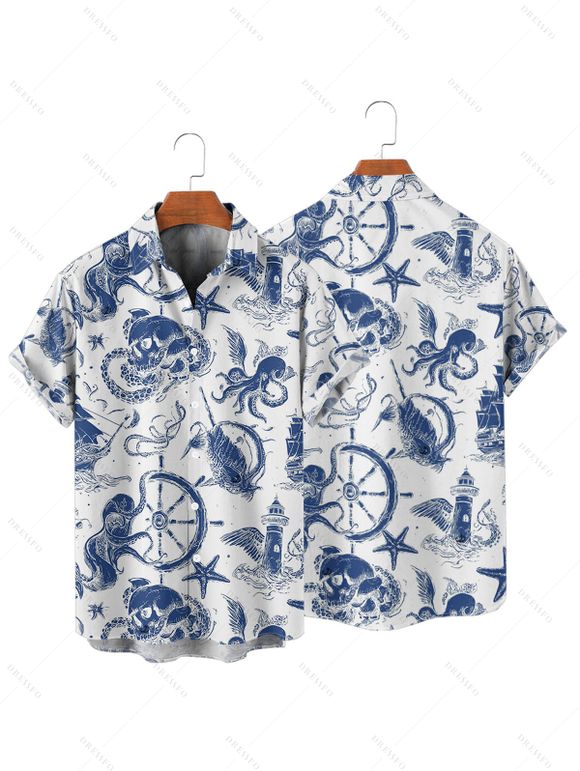 Chemise de vacances à manches courtes et boutons pour homme, motif ancre, étoile de mer, poulpe, vie marine - Blanc 2XL