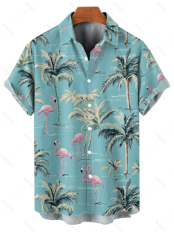 Chemise de vacances à manches courtes et boutons pour homme, motif flamant rose et cocotier - Vert clair 5XL