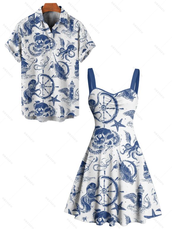 Vacation Couple Outfit Marine Life Octopus Starfish Anchor Pattern Ruched Bust Dress and Button Up Shirt Beach Matching Outfit - Blanc S | US 4