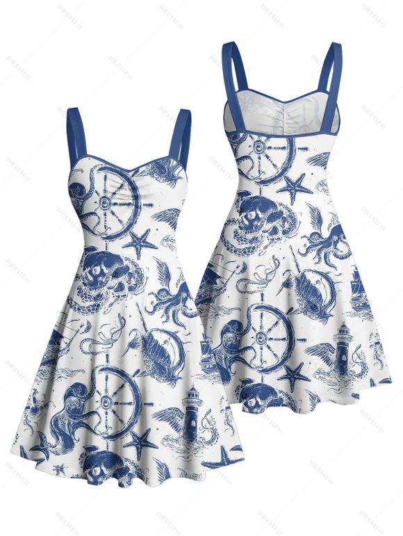 Vacation Couple Outfit Marine Life Octopus Starfish Anchor Pattern Ruched Bust Dress and Button Up Shirt Beach Matching Outfit - Blanc S | US 4