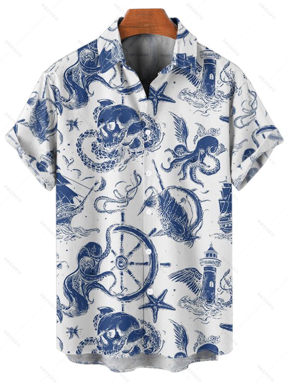 Vacation Couple Outfit Marine Life Octopus Starfish Anchor Pattern Ruched Bust Dress and Button Up Shirt Beach Matching Outfit - Blanc S | US 4