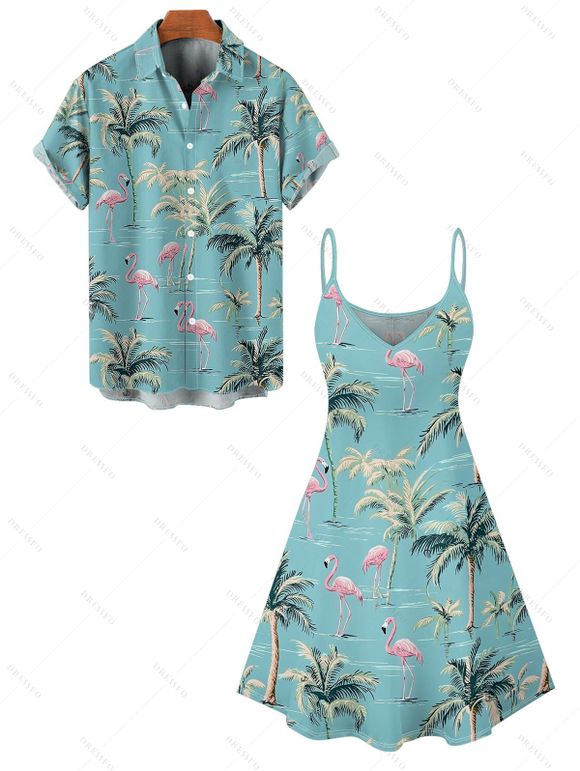 Vacation Couple Outfit Coconut Tree Flamingo Pattern Spaghetti Strap V Neck A Line Mini Tank Dress and Button Up Shirt Beach Matching Outfit - Vert clair S | US 4