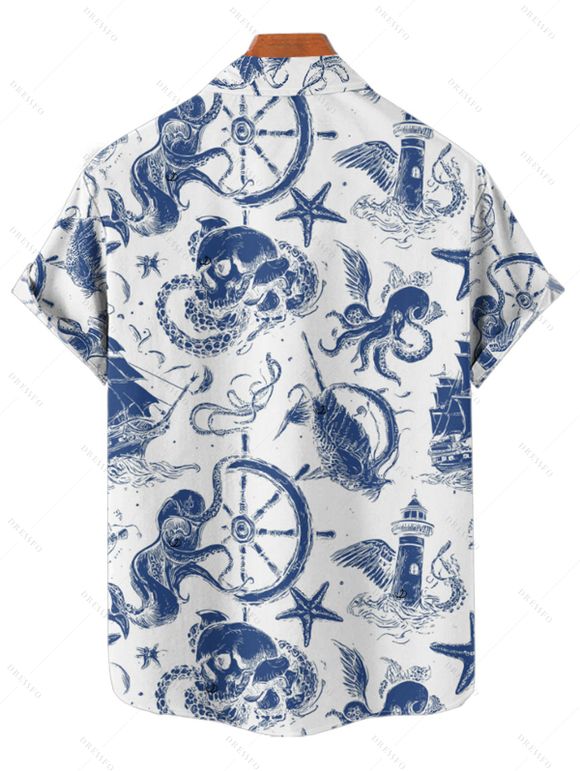 Vacation Couple Outfit Marine Life Octopus Starfish Anchor Pattern Ruched Bust Dress and Button Up Shirt Beach Matching Outfit - Blanc S | US 4