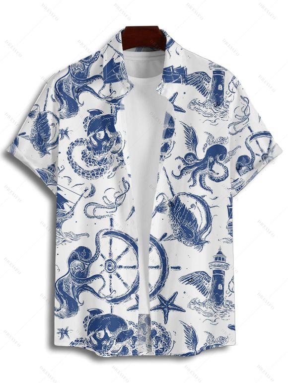 Vacation Couple Outfit Marine Life Octopus Starfish Anchor Pattern Ruched Bust Dress and Button Up Shirt Beach Matching Outfit - Blanc S | US 4