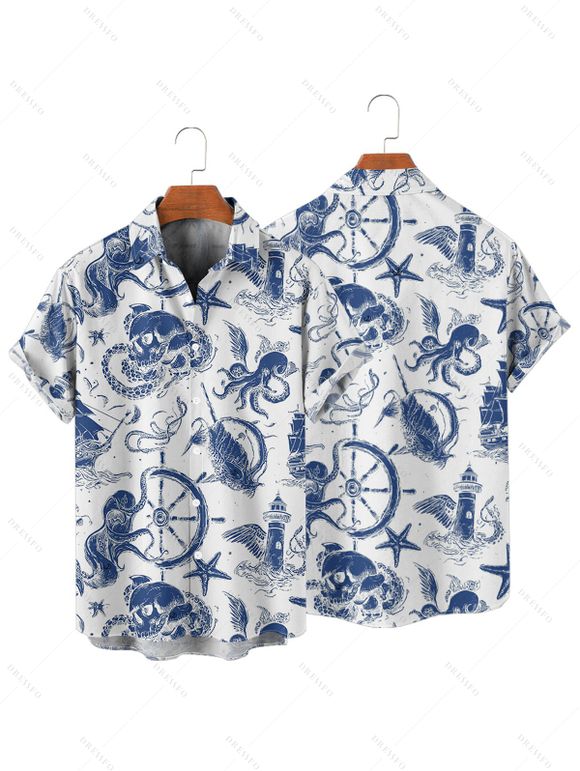 Vacation Couple Outfit Marine Life Octopus Starfish Anchor Pattern Ruched Bust Dress and Button Up Shirt Beach Matching Outfit - Blanc S | US 4