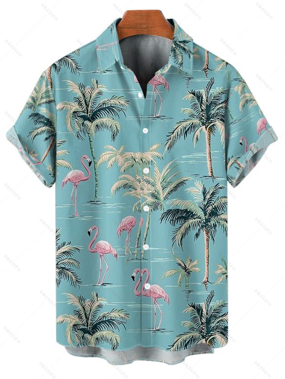 Vacation Couple Outfit Coconut Tree Flamingo Pattern Spaghetti Strap V Neck A Line Mini Tank Dress and Button Up Shirt Beach Matching Outfit - Vert clair S | US 4