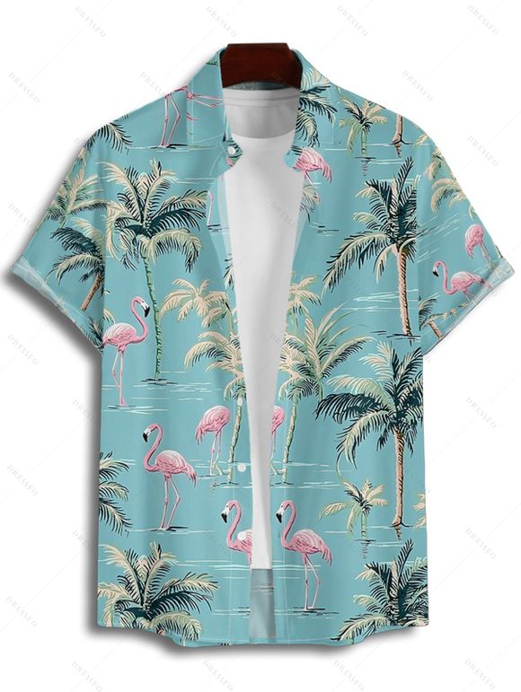 Vacation Couple Outfit Coconut Tree Flamingo Pattern Spaghetti Strap V Neck A Line Mini Tank Dress and Button Up Shirt Beach Matching Outfit - Vert clair S | US 4