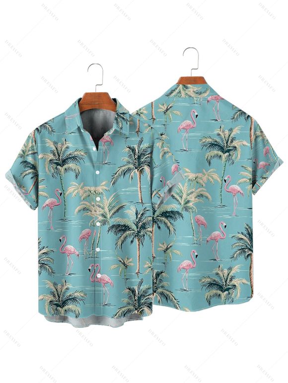 Vacation Couple Outfit Coconut Tree Flamingo Pattern Spaghetti Strap V Neck A Line Mini Tank Dress and Button Up Shirt Beach Matching Outfit - Vert clair S | US 4