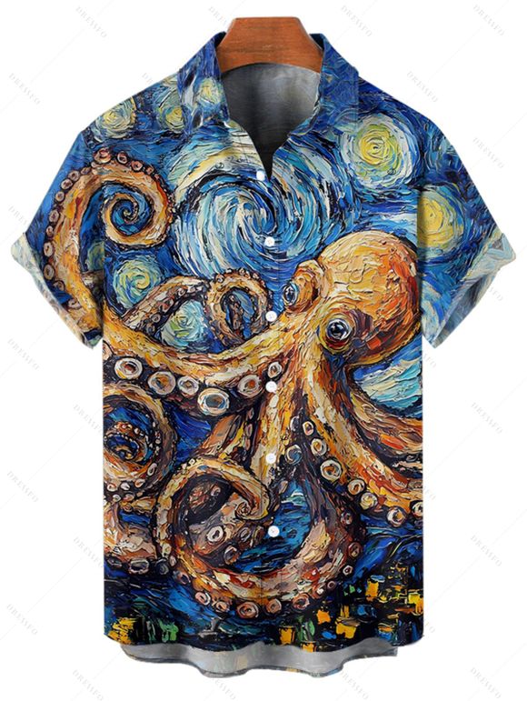 Chemise de vacances à manches courtes et boutons pour homme, motif de peinture à l'huile tourbillonnante de Van Gogh, motif pieuvre - Bleu 5XL