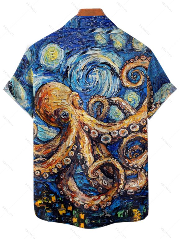 Chemise de vacances à manches courtes et boutons pour homme, motif de peinture à l'huile tourbillonnante de Van Gogh, motif pieuvre - Bleu 4XL