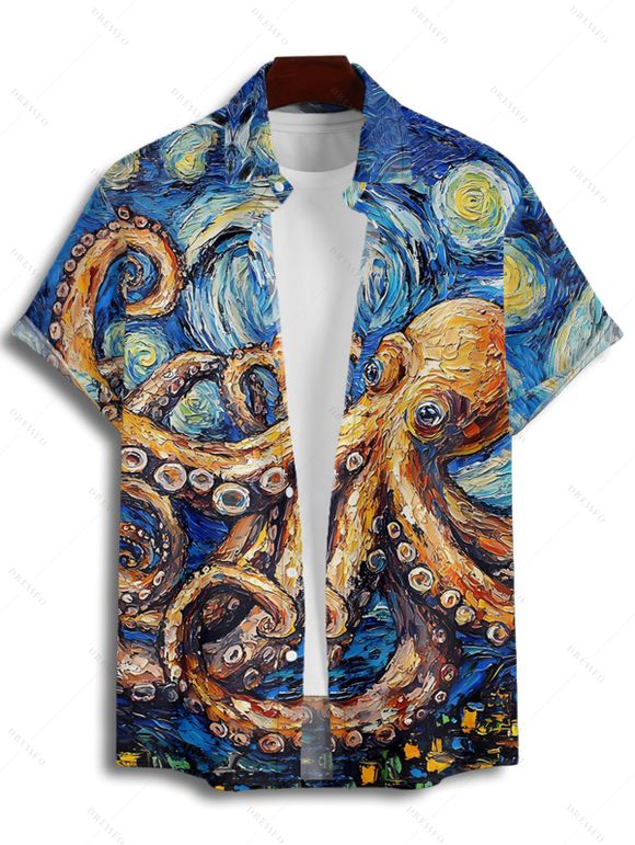 Chemise de vacances à manches courtes et boutons pour homme, motif de peinture à l'huile tourbillonnante de Van Gogh, motif pieuvre - Bleu 4XL