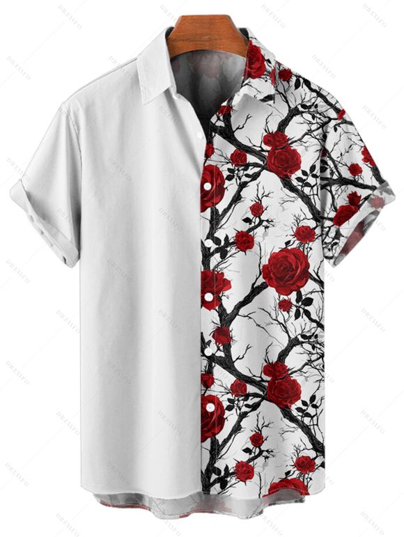Chemise gothique à manches courtes et boutons pour homme, motif branches de rosier, style vacances - Rouge foncé 5XL