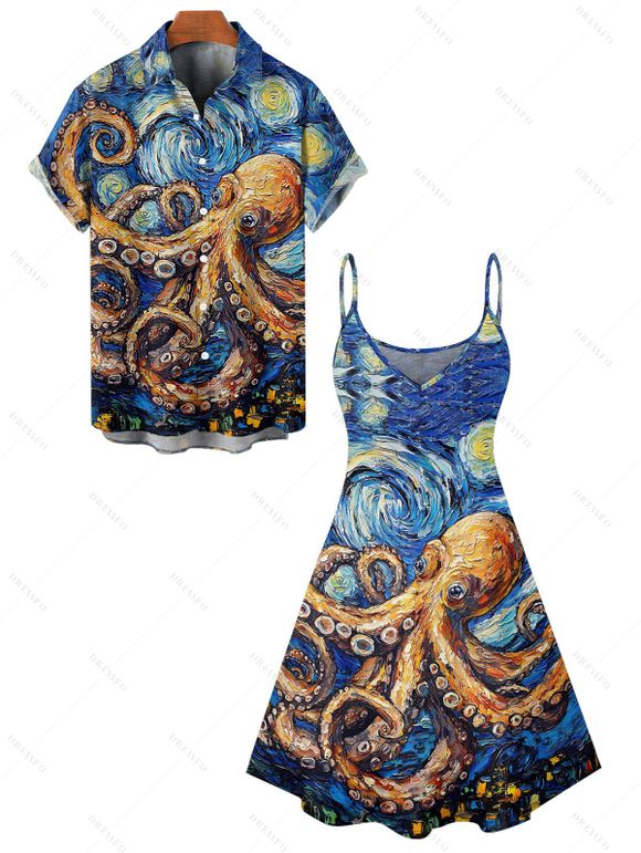 Vacation Couple Outfit Octopus Van Gogh Swirl Oil Painting Pattern Spaghetti Strap Tank Dress and Button Up Shirt Beach Matching Outfit - Bleu S | US 4