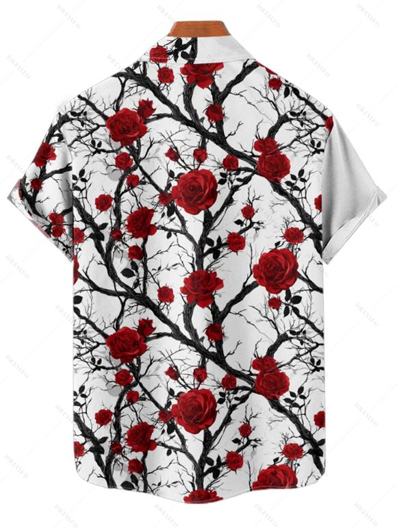 Chemise gothique à manches courtes et boutons pour homme, motif branches de rosier, style vacances - Rouge foncé 4XL