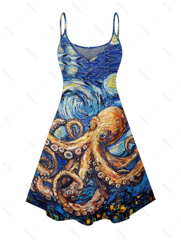 Vacation Couple Outfit Octopus Van Gogh Swirl Oil Painting Pattern Spaghetti Strap Tank Dress and Button Up Shirt Beach Matching Outfit - Bleu S | US 4