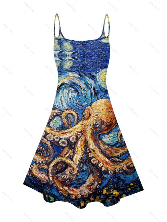 Vacation Couple Outfit Octopus Van Gogh Swirl Oil Painting Pattern Spaghetti Strap Tank Dress and Button Up Shirt Beach Matching Outfit - Bleu S | US 4