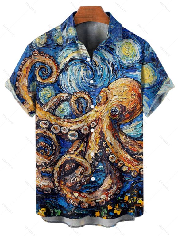 Vacation Couple Outfit Octopus Van Gogh Swirl Oil Painting Pattern Spaghetti Strap Tank Dress and Button Up Shirt Beach Matching Outfit - Bleu S | US 4